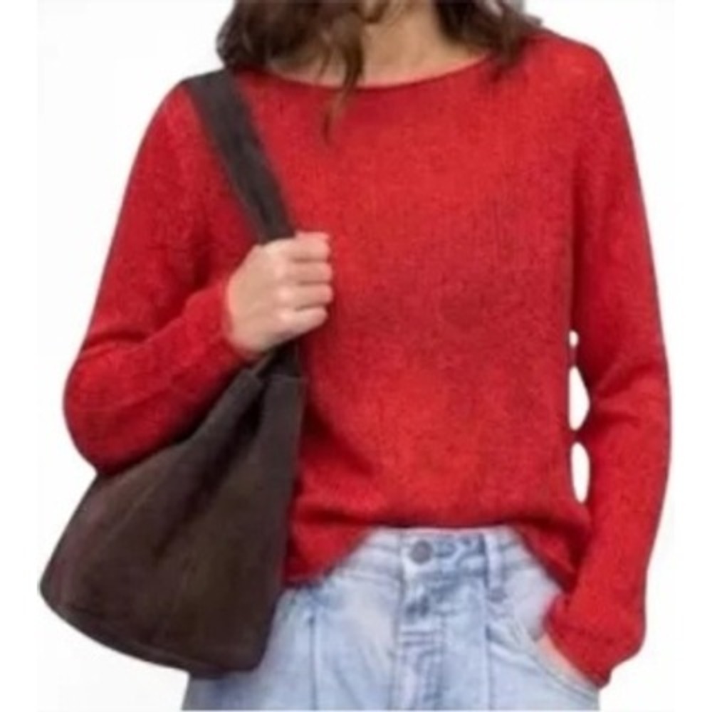 Eileen Fisher Red Cotton Blend Open Knit Boat Neck Sweater Large